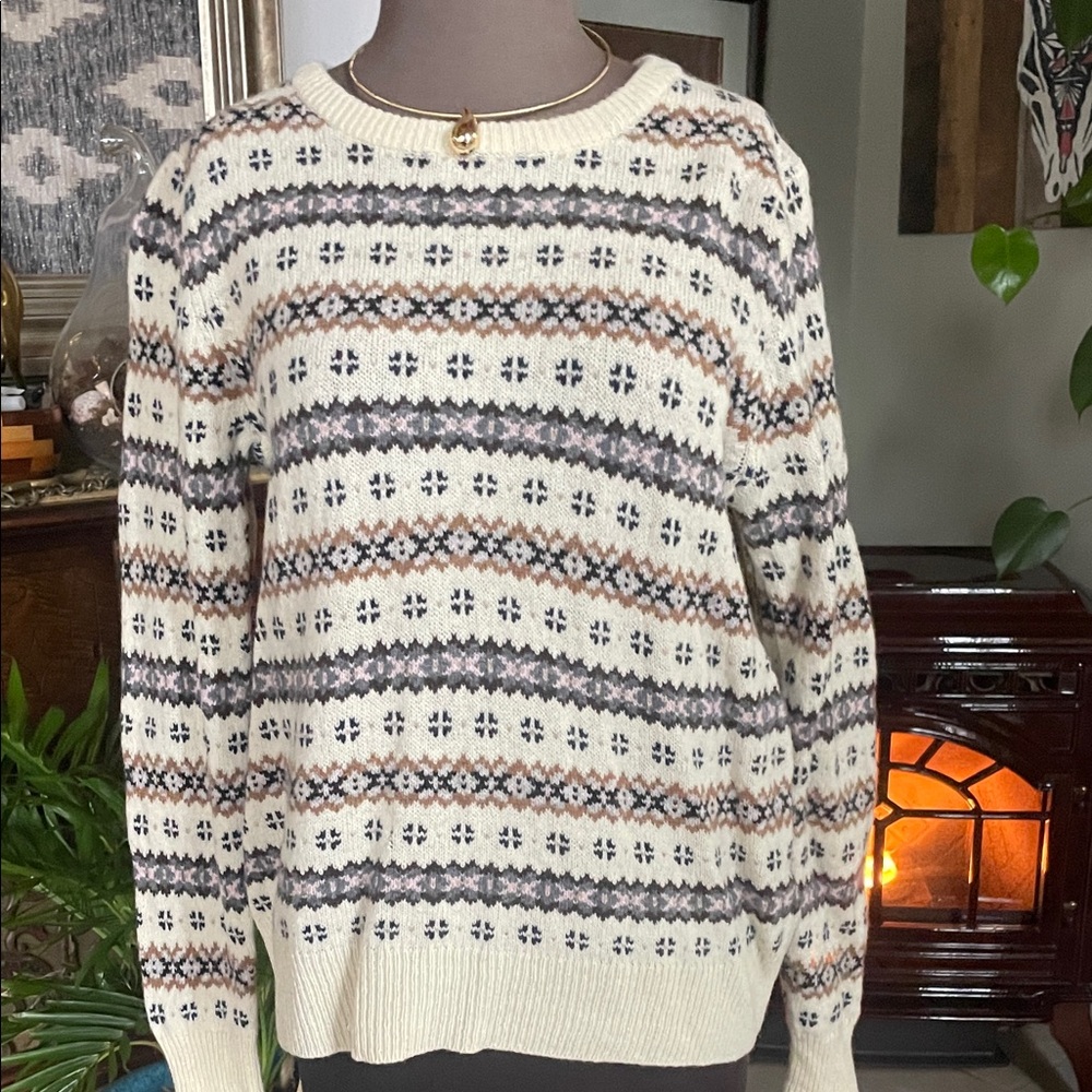 J. Crew Cream and Gray Patterned Sweater
